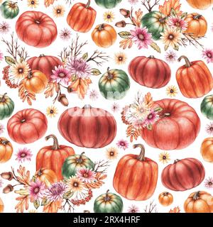 Motif aquarelle avec des citrouilles sur un fond blanc. Citrouilles dessinées à la main avec des fleurs. Modèle d'automne sans couture pour tissu, textile, vêtements, inter Banque D'Images