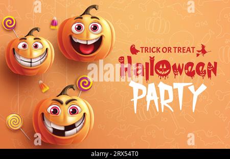 Conception vectorielle de texte de fête d'Halloween. Halloween Trick ou Treat carte d'invitation avec des éléments de caractère souriants de citrouilles dans le fond orange. Vecteur Illustration de Vecteur