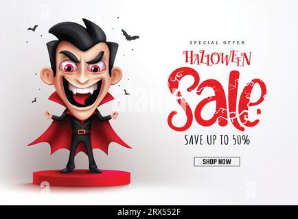 Conception de bannière de vecteur de texte de vente d'Halloween. Rabais d'offre spéciale Halloween avec personnage de vampire dracula dans le fond d'affichage de produit de scène de podium. Illustration de Vecteur