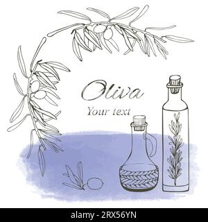 Composition de branches d'olivier et bouteilles en verre pour l'huile. Composition vectorielle. Composition pour cartes postales et autocollants avec votre texte pour votre conception Illustration de Vecteur