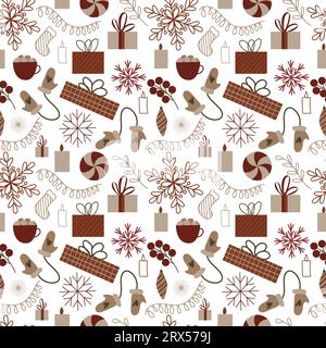 Modèle sans couture avec des éléments de noël. Décor festif du nouvel an avec bougie, étoile, boîte-cadeau, arbre de Noël, jouet, plantes de houx, gui, rouge Illustration de Vecteur