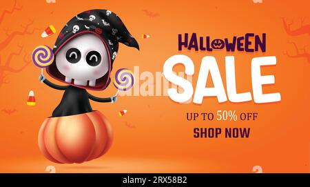 Conception de bannière de vecteur de texte de vente d'Halloween. Rabais d'offre promotionnelle Halloween avec personnage de crâne de faucheuse sinistre pour le fond de publicité de vente saisonnière. Illustration de Vecteur