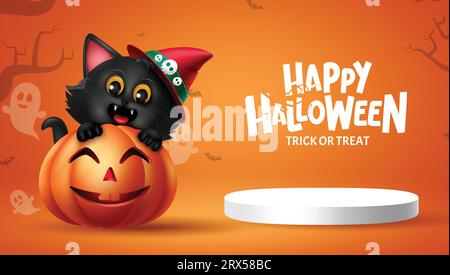 Joyeux design vectoriel de texte halloween. Affichage de scène de podium d'Halloween avec chaton chat et éléments de personnages de citrouille dans le fond orange. Vecteur Illustration de Vecteur