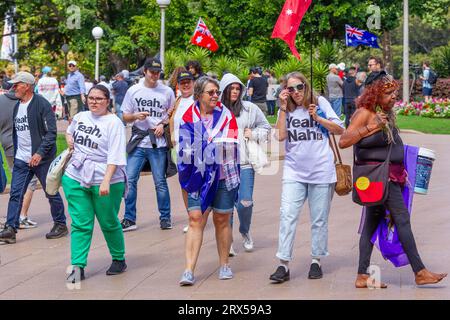 Sydney, Australie. 23 septembre 2023. Les Australiens soutiennent le « non ! » Votez au référendum Voice to Parliament Rassemblez-vous lors d'un rassemblement à Hyde Park. Crédit : Robert Wallace / Wallace Media Network / Alamy Live News Banque D'Images