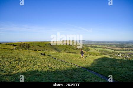 Brighton Royaume-Uni 23 septembre 2023 - Un promeneur de chien profite d'une belle matinée ensoleillée mais froide sur le South Downs Way à Devils Dyke juste au nord de Brighton : Credit Simon Dack / Alamy Live News Banque D'Images