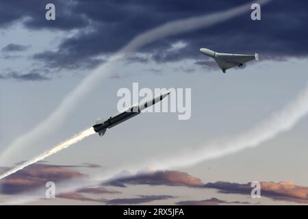 Un missile militaire abat un drone dans le ciel du soir, défense aérienne, trace de lancement de missile, rendu 3D. Concept : guerre en Ukraine, attaque de la Russie Banque D'Images