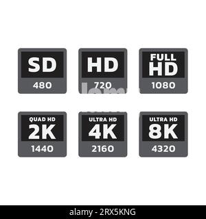 Jeu d'étiquettes vectorielles HD, Full hd et 8K. Étiquettes de jeu d'autocollants télévisuels ultra hd, résolution 4K. Illustration de Vecteur