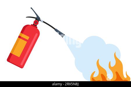 Illustration de l'extinction d'incendie. Mains tenant la mousse rouge autonome extincteur se déverse sur le feu avec concept de sécurité de cloche, avertissement de protection. FL Illustration de Vecteur