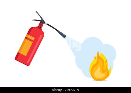 Illustration de l'extinction d'incendie. Mains tenant la mousse rouge autonome extincteur se déverse sur le feu avec concept de sécurité de cloche, avertissement de protection. FL Illustration de Vecteur