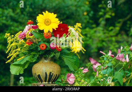 Bouquet coloré avec tournesol, dahlias, jardin de zinnias, Allemagne, allemagne Banque D'Images