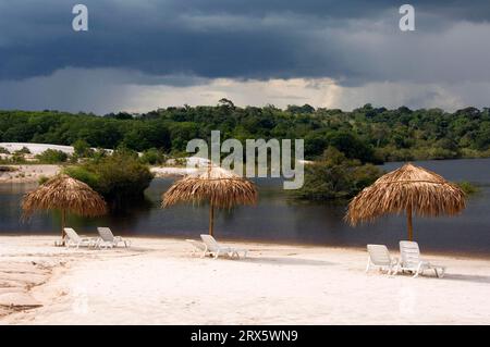 Parasols et chaises longues sur la plage, Amazon Eco Lodge sur le Rio Taruma, Manaus, Amazonas State, Brésil Banque D'Images