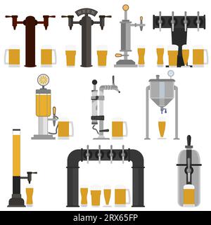 Ensemble d'équipement de bière pour bar, y compris pompe à bière, distributeur avec robinet et poignée et avec ensemble tasses à bière en verre plein avec mousse. Verser des verres à bière. Illustration de Vecteur