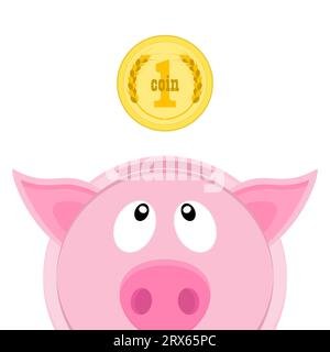 Pièce tombant dans une tirelire. L'argent tombe dans la boîte d'argent dans la forme piggy. Petit porcelet rose regarde une pièce jaune. Vue avant. Illustration de Vecteur