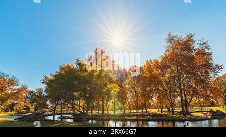 Rymill Park avec pont sur l'étang de la ville d'Adélaïde, par une belle journée d'automne Banque D'Images