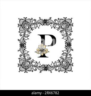 P lettre florale , P dans cadre floral , cadre floral Illustration de Vecteur