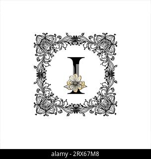 I lettre florale , I dans cadre floral , cadre floral Illustration de Vecteur