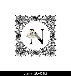 Lettre N florale , N dans le cadre floral , cadre floral Illustration de Vecteur