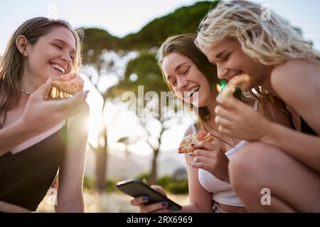 Femme heureuse utilisant le téléphone intelligent par des amis ayant pizza dans le parc Banque D'Images