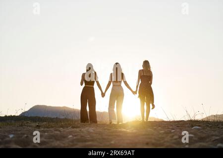 Amis se tenant la main et profitant du coucher du soleil en vacances Banque D'Images