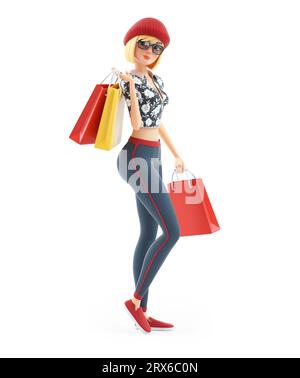 fille de mode 3d tenant des sacs à provisions, illustration isolée sur fond blanc Banque D'Images