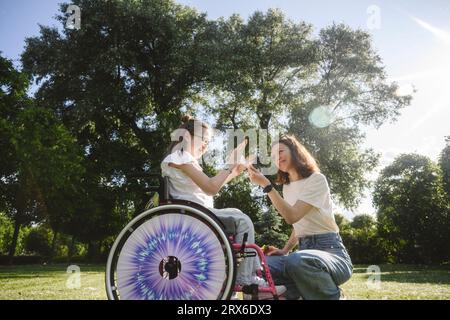 Fille heureuse en fauteuil roulant avec la mère au parc le jour ensoleillé Banque D'Images