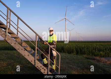 Ingénieur se déplaçant sur les escaliers par le champ d'éoliennes Banque D'Images