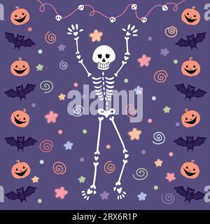 Carte de voeux Halloween avec un squelette dansant, des chauves-souris et des citrouilles. Illustration vectorielle dessinée à la main Illustration de Vecteur