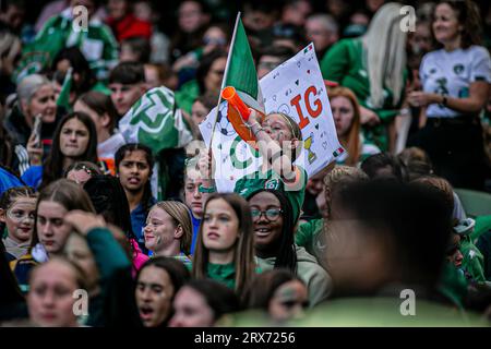 Dublin, République d'Irlande. 23 septembre 2023. Dublin, Irlande, 23 septembre : les supporters irlandais lors du match de l'UEFA Women's Nations League entre la République d'Irlande et l'Irlande du Nord au stade Aviva le 23 septembre 2023 à Dublin, Irlande. (Danilo Fernandes/SPP) crédit : SPP Sport Press photo. /Alamy Live News Banque D'Images