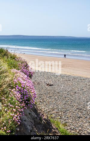 Un couple d'âge moyen marchant sur la plage de Newgale dans le parc national de la côte du Pembrokeshire, dans l'ouest du pays de Galles au Royaume-Uni Banque D'Images