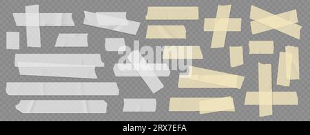 Ruban Scotch. Papier collant, autocollants blancs et jaunes adhésifs, bande d'étiquettes déchirée, vieux bâtonnet déchiré. Masquage des bandes de longueur et de forme différentes. Vecteur isolé sur bande de fond transparente Illustration de Vecteur