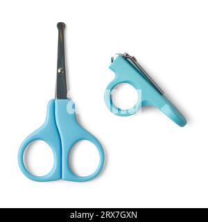 ensemble de coupe-ongles nouveau-né bébé ou coupe-ongles et ciseaux, gros plan de coupe-ongles de doigt ou d'orteil d'enfants, outils de manucure isolé sur fond blanc Banque D'Images