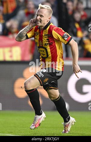 Mechelen, Belgique. 23 septembre 2023. Patrick Pflucke de Malines célèbre après avoir marqué lors d'un match de football entre KV Mechelen et OH Leuven, samedi 23 septembre 2023 à Malines, le jour 08 de la saison 2023-2024 de la Jupiler Pro League première division du championnat belge. BELGA PHOTO LAURIE DIEFFEMBACQ crédit : Belga News Agency/Alamy Live News Banque D'Images