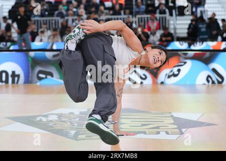 Leuven, Belgique. 23 septembre 2023. Tiffany Nora Leung, du Canada, participe au Championnat du monde de breaking WDSF 2023 à Leuven, Belgique, le 23 septembre 2023. Crédit : Zheng Huansong/Xinhua/Alamy Live News Banque D'Images