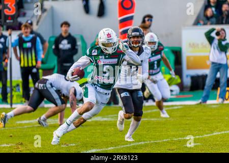 Schwaebisch Hall Allemagne. 23 septembre 2023. Erima GFL / Ligue allemande de football,Viertelfinal match : Schwäbisch Hall Unicorns - Berlin Rebels dans l'Optima Sportpark à Schwaebisch Hall Allemagne sur 23. 09. 2023, WR # 5 Tyler Rutenbeck / Schwaebisch Hall Unicorns crédit : Frank Baumert / Alamy Live News Banque D'Images