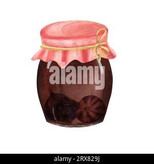 Illustration à l'aquarelle dessinée à la main de confiture de figues dans un bocal en verre. voici 2 options : isolé sur fond blanc et transparent. Banque D'Images