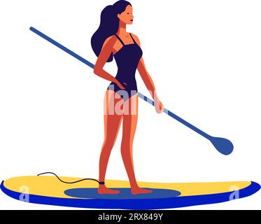 Jeune femme dans un maillot de bain nageant sur une planche SUP vecteur illustration plate de vacances en plein air Illustration de Vecteur