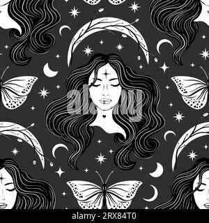 Sorcière magique sorcellerie femme belle fille avec fond de motif sans couture vecteur de rêve de lune et de papillon Illustration de Vecteur
