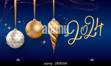 Décoration de Noël dorée 3d 2024 boule réaliste du nouvel an rendent brillant fond de vacances de salutation Illustration de Vecteur