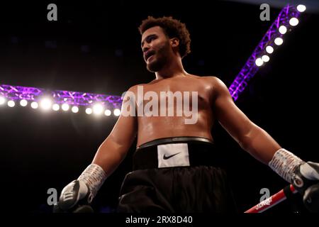 Moses Itauma célèbre après avoir remporté la victoire sur amine Boucetta au premier tour lors du Heavyweight Match à l'OVO Arena Wembley, Londres. Date de la photo : Samedi 23 septembre 2023. Banque D'Images