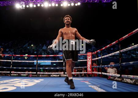 Moses Itauma célèbre après avoir remporté la victoire sur amine Boucetta au premier tour lors du Heavyweight Match à l'OVO Arena Wembley, Londres. Date de la photo : Samedi 23 septembre 2023. Banque D'Images