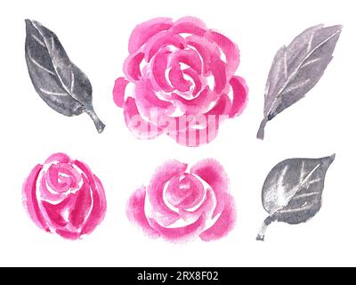 Clipart aquarelle avec des fleurs roses dessinées à la main dans un style abstrait pour une utilisation dans les conceptions de logo, mariage, vacances et anniversaire. Elément isolé en Marguerite rose Banque D'Images