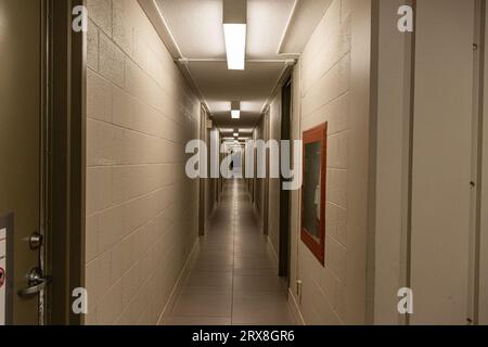 Un long couloir étroit avec des portes grises fermées et un extincteur rouge - murs blancs et sol carrelé - lampes fluorescentes au-dessus Banque D'Images