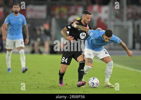 Rome, Italie, 23 septembre 2023 Patrick Ciurria de l'AC Monza et Mattia Zaccagni de la SS Lazio au match Lazio vs Monza Serie A crédit:Roberto Ramaccia/Alamy Live News Banque D'Images