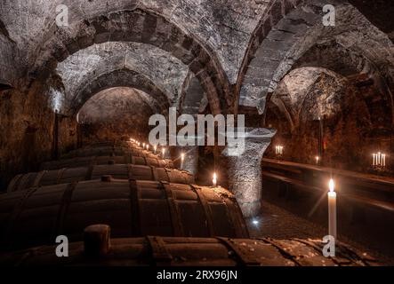 Trèves, Allemagne. 19 septembre 2023. Des fûts de vin en bois sont stockés, des tables et des bancs sont mis en place pour des dégustations dans la cave à vin de la cave de la fondation Vereinigte Hospitien à Trèves. L'ancien grenier romain de l'empereur Constantin datant d'environ 330 est considéré comme l'origine de la plus ancienne cave à vin d'Allemagne. (To dpa text) crédit : Harald Tittel/dpa/Alamy Live News Banque D'Images