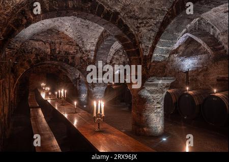 Trèves, Allemagne. 19 septembre 2023. Des fûts de vin en bois sont stockés, des tables et des bancs pour les dégustations se tiennent dans la cave à vin de la cave de la fondation Vereinigte Hospitien à Trèves. L'ancien grenier romain de l'empereur Constantin de l'époque vers 330 est considéré comme l'origine de la plus ancienne cave à vin d'Allemagne. (To dpa text) crédit : Harald Tittel/dpa/Alamy Live News Banque D'Images