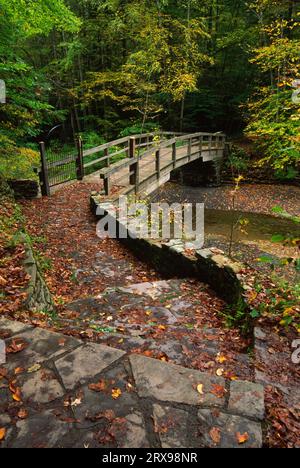 Pont de sentier avec ouvrages en pierre construit par Civilian conservation corps (CCC), Robert H Treman State Park, New York Banque D'Images