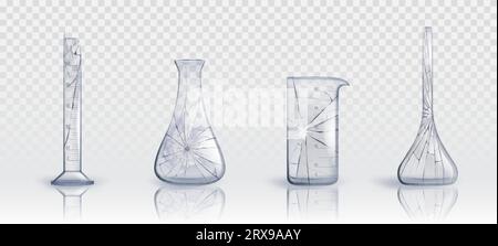 Kit d'équipement de test de tube de verre médical de laboratoire cassé. Entonnoir réaliste de laboratoire chimique pour la collection d'objets vectoriels de recherche scientifique. 3d médicine claire Illustration de Vecteur