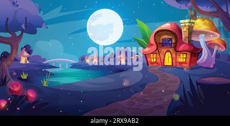Village de nuit avec maisons de champignons sur clairière de forêt de conte de fées. Illustration de dessin animé vectoriel de sentier courant vers des huttes naines fantastiques avec des portes et gagner Illustration de Vecteur