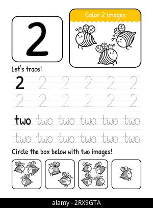 Page de feuille de travail intérieure du livre de traçage Word et numéro deux avec activités de coloriage et de comptage Illustration de Vecteur