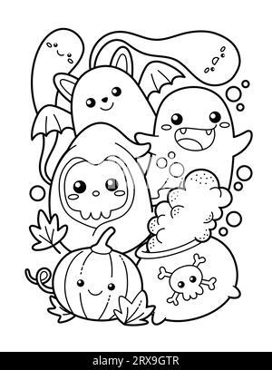 Page à colorier thème Halloween mignon et Kawaii Illustration de Vecteur